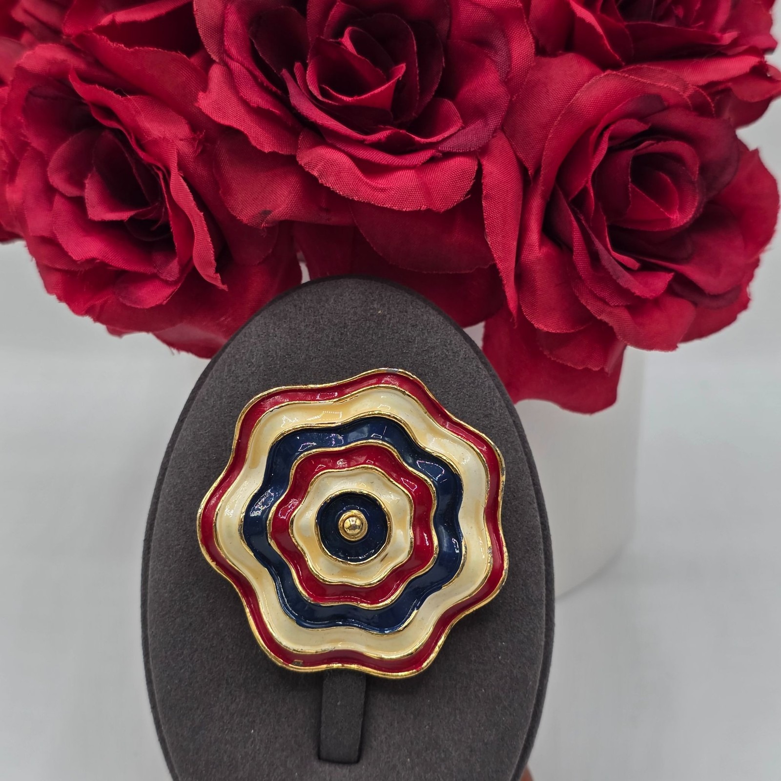 Marvella Enamel Flower Rosette Brooch Red White Blue Gold Tone Signed Jewelry